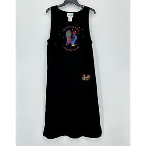 Vtg Quacker Factory Tank Dress Women M Black Embroidered Rooster Country Buttons